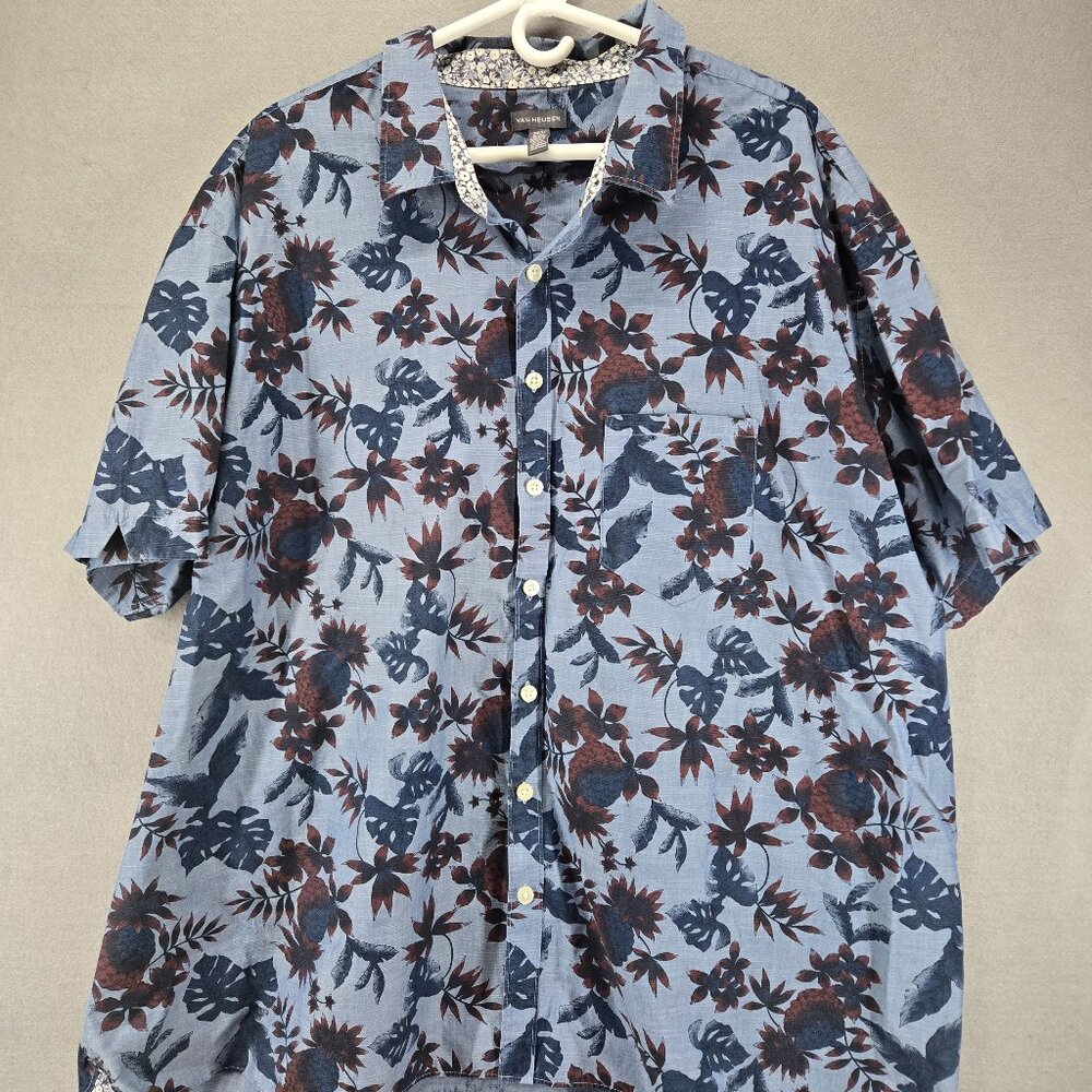 Van Heusen Hawaiian Short Sleeve Button Up Shirt, 3XLT, Blue Floral Print